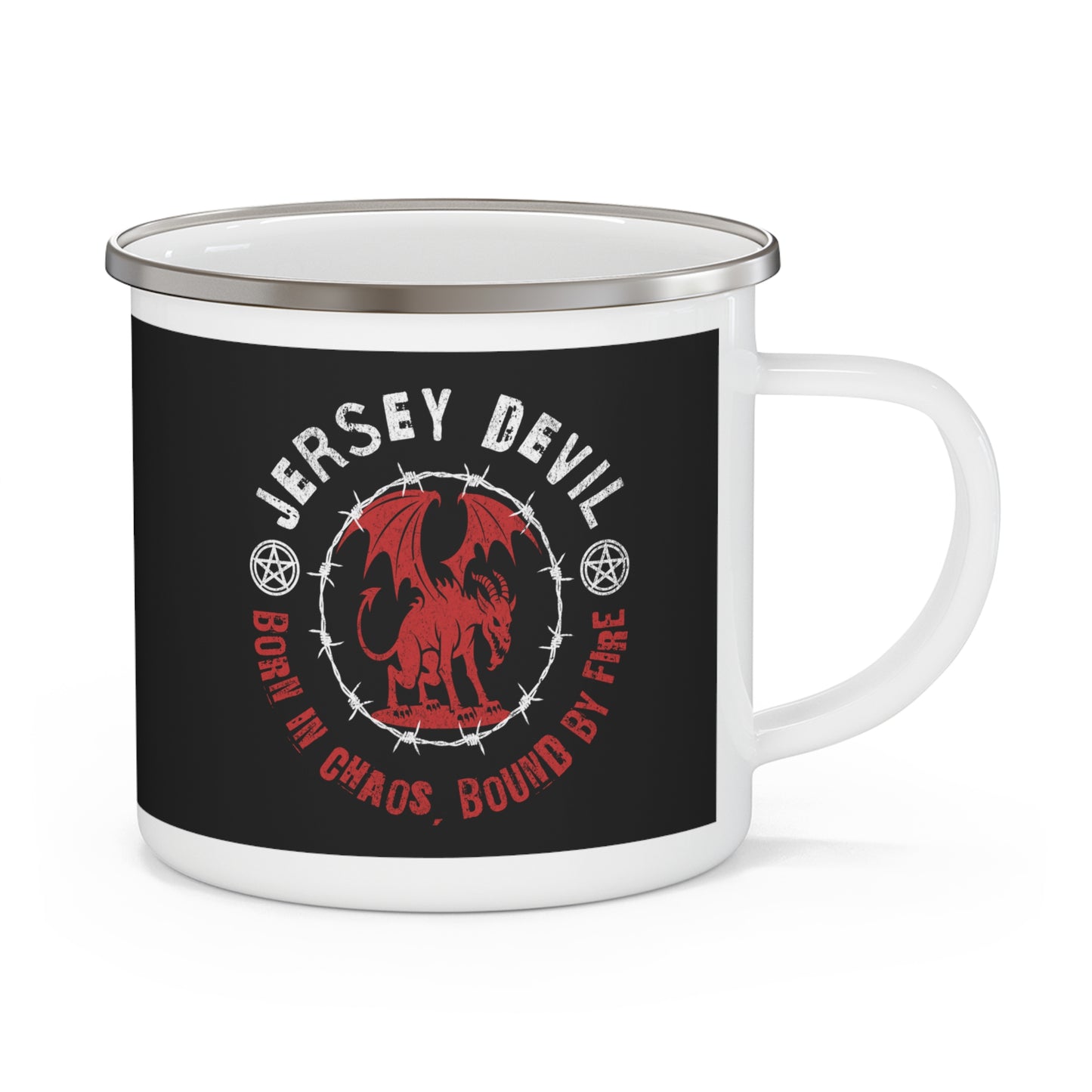 Jersey Devil – “Born in Chaos” Enamel Camping Mug